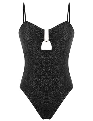 ZAFUL Women's Metallic Shiny One Piece Swimsuit Shimmer Tie Back Glitter High Cut Bathing Suit 1 Piece Sexy Swimwear Dark Black S - Image 1