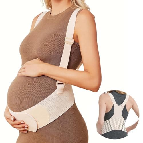 Maternity Belly Band with Back Support – Over-the-Shoulder Pregnancy Support Belt with Lumbar Support, Breathable Mesh Design, Strong Adjustable Hook & Loop Straps, No Digging Comfort for All-Day Wear (Beige, Medium（121-160LB）) - Image 1