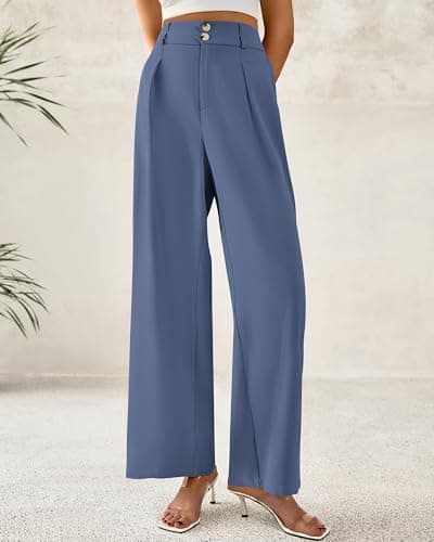 BTFBM Women Wide Leg Dress Pants 2026 High Waisted Button Pleated Business Casual Trousers Office Work Palazzo Pants(Grey Blue, XX-Large) - Thumbnail 5