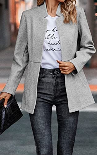 CCTOO Women's Coat Casual Open Front Blazer Long Sleeve Stand Collar Solid Trench Business Work Office Jacket Outwear 147 Light Gray Small - Thumbnail 2