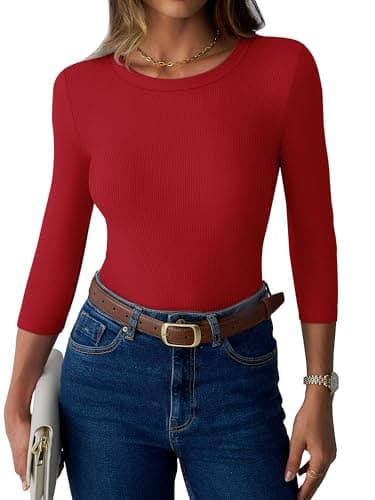 GKBK Womens 3/4 Sleeve Tops Ribbed Slim Fitted Tight Basic T-Shirts Crewneck Cute Layering Lightweight Fall Sweaters 2025 Fashion Outfits Red - Thumbnail 2