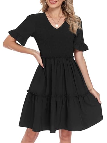 Lyrur Women’s Spring Summer Casual Dresses V Neck Ruffle Sleeve Smocked Tiered Knee Length Babydoll Dress with Pockets Black Medium - Image 1