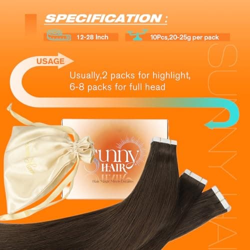 Sunny Hair Human Hair Tape in Extensions Dark Brown Tape in Hair Extensions Human Hair 16 inch Hair Extensions Real Human Hair Tape in Can be Reused 10Pcs 25g - Thumbnail 5