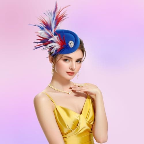 RiJinDuoJin Fascinators Hat Feathers Headband and Clip 20s 50s Pillbox Hats Cocktail Tea Party Headwear - Handmade Derby Hair Clip Feathers Fascinators for Girls and Women - Blue Color - Thumbnail 2