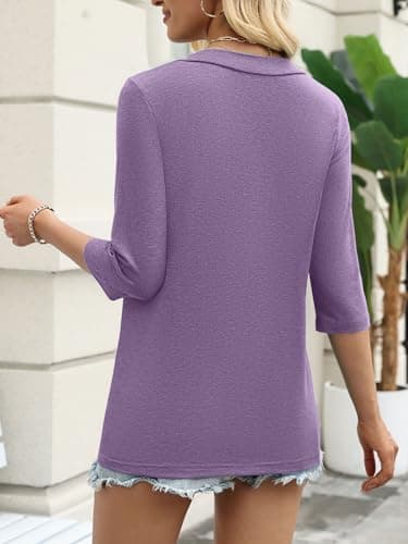 YESTTO Womens Tops 3/4 Sleeve V Neck Tunic Tops Casual Loose Fit Shirts Soft Lightweight Blouses Summer Dressy Basic Tees - Thumbnail 5