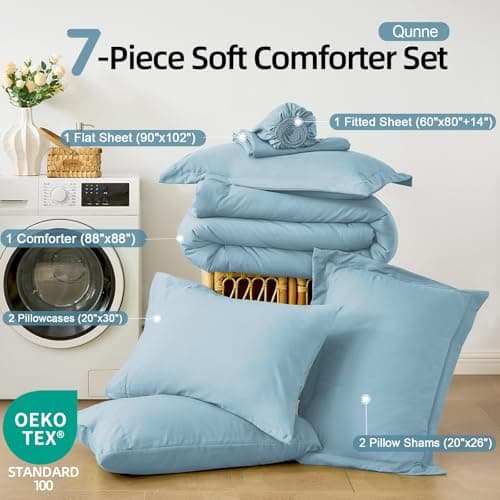FUANNA Queen Comforter Set Light Blue, 7 Pieces Soft Bedding Sets Queen Size, All Season Lightweight Bed in a Bag with Comforter, Flat Sheet, Fitted Sheet, Pillowcases & Shams - Thumbnail 4