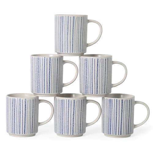 ALOFMO Ceramic Mugs Set of 6, Modern 17oz Coffee Mugs, Stackable Coffee Cups with Handpainted Blue Stripe Pattern, Dishwasher and Microwave Safe Mugs for Home & Office