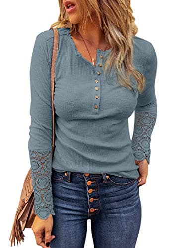 BTFBM Women Long Sleeve Shirts Solid Button V Neck Lace Sleeves Slim Fit Casual Fall Shirts 2025(Grey, XX-Large) - Image 1