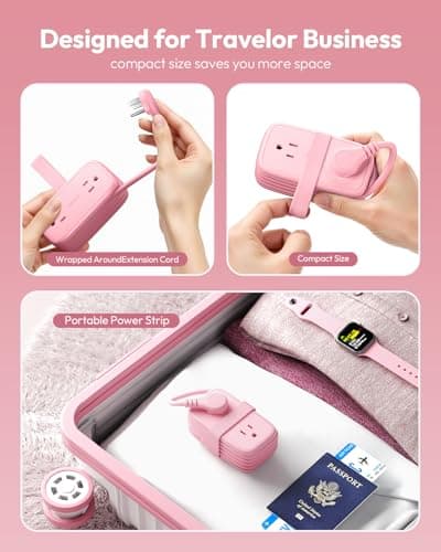NTONPOWER Pink Travel Power Strip,Travel Essentials 4 Outlets 3 USB(1 C) with 4FT Wrapped Extension Cord Flat Plug, Cruise Essentials 2026 for Hotel Travel Cruise Essentials - Thumbnail 2