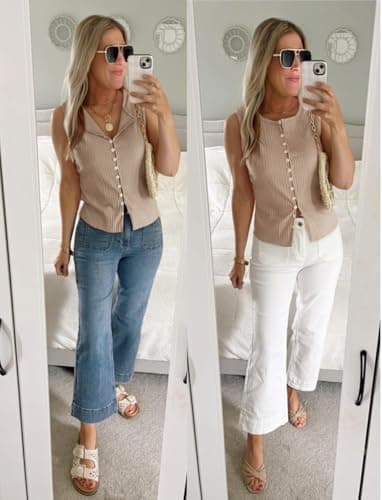 Tankaneo Womens Button Down Cropped Going Out Tank Tops Spring Summer Ribbed Vest Top Slim Fit Sexy Y2K Cute Shirts Light Khaki - Thumbnail 5