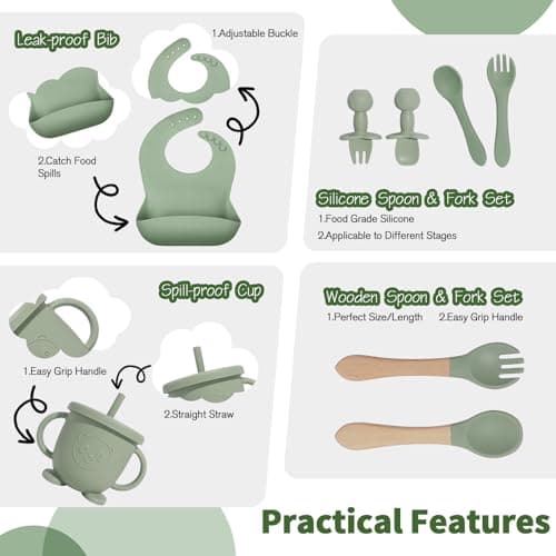 Baby Led Weaning Supplies, 17 Piece BPA-Free Silicone Feeding Set, Eating Essentials Baby Utensils with Suction Plate and Bowl, Pocket Bib, Sippy Cup with Lid, for 6+ Months, Green - Thumbnail 4