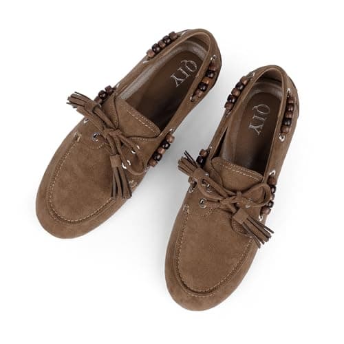 QIY Tan Camel Suede Loafers for Women Fringe Beaded Moccasins Flats Dressy Lace up Driving Loafers Comfortable Lightweight Office Casual Wear Flats Size 7 - Thumbnail 5