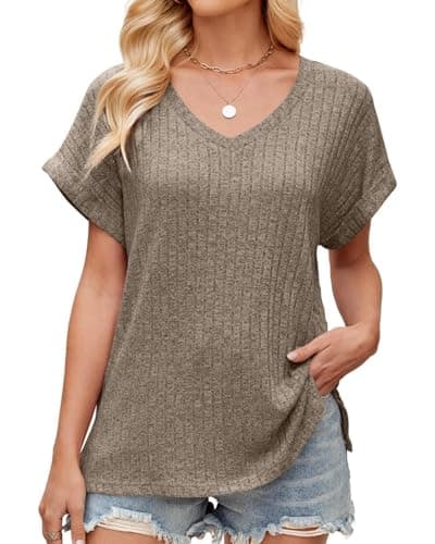 JUSTFASHIONNOW Summer Outfits for Women 2026 V Neck Short Sleeve Shirts Trendy Fashion Basic Tees Dressy Casual Outfits Khaki 2XL - Image 1