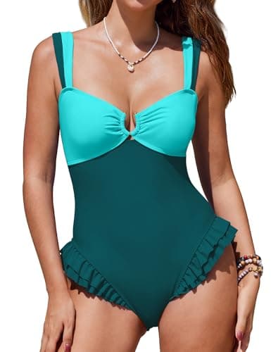 SHESHOW One Piece Bathing Suit for Women Ruffled Color Block Swimsuits Ring Linked Swimwear Dark Green Blue S - Image 1