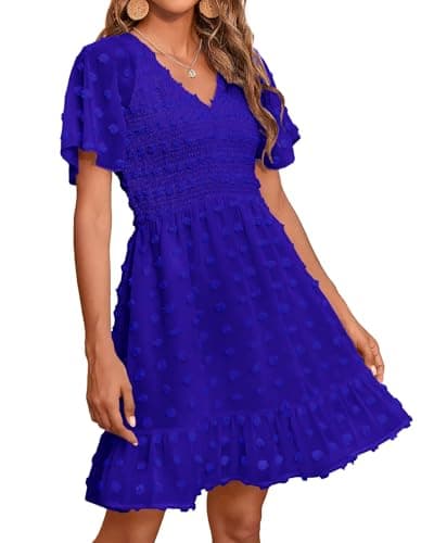 BTFBM Womens Beach Vacation Dress Summer 2026 V Neck Short Sleeve Smocked Swiss Dot Ruffle Casual Mini Spring Dresses(Royal Blue, Large) - Image 1