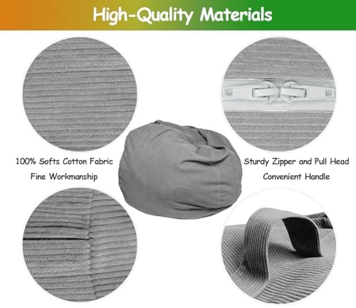 Premium Corduroy Stuffed Animal Storage Bean Bag Chair Cover (No Filler) For Organizing Plush Toys Or Textile Stuffable Bean Bag Sack For Adults Lazy Chair Playroom Washable Cover - Thumbnail 2