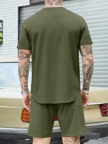 JEMLDL Mens Two Piece Summer Outfit Lounge Wear Comfortable Fashion Short Sleeve Shirt & Shorts Casual Clothing Fashion Set Olive XL - Thumbnail 3