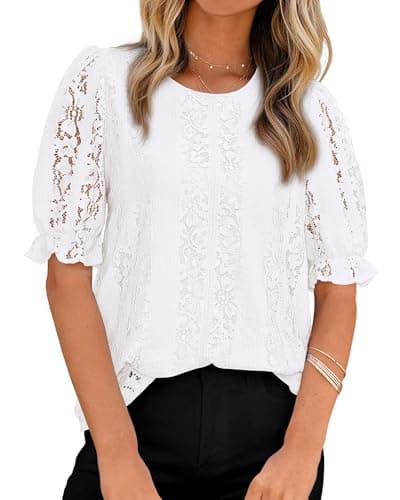 KIRUNDO Lace Tops for Women 2026 Dressy Floral Summer Shirts Puff Short Sleeve Spring Blouse Casual Cruise Vacation Outfits(White, XX-Large) - Image 1
