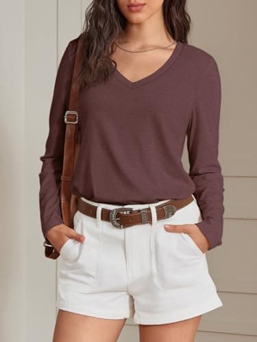 ATHMILE Womens 2026 Fall Long Sleeve Shirts Basic Apparel Shirts Trendy V Neck Tshirt for Women Curved Hem Tops Z-Wine Red - Thumbnail 3
