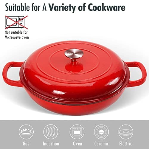 COOKWIN Cast Iron Casserole Braiser, 3.8 Quart Enameled Cast Iron Dutch Oven Pan with Lid, Heavy Duty and Dual Handles Skillet, Oven-Safe Porcelain Surface Casserole Dish, Red - Thumbnail 4