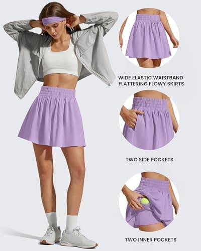 G4Free Skirts for Women Casual Summer Running Tennis Skorts with Pockets Elastic High Waist Golf Athletic Lounge Skirt Built-in Shorts(Light Purple,XXL) - Thumbnail 3