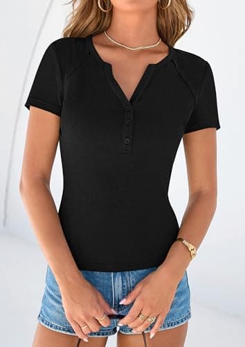 PRETTYGARDEN Womens Short Sleeve Henley Shirts 2026 Summer Trendy Ribbed Tops Fitted V Neck Button Up T Shirts Spring Blouses (Black,X-Large) - Thumbnail 5