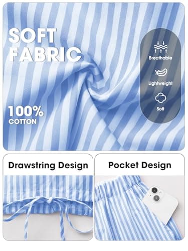 EXLURA Womens 100% Cotton 2 Piece Outfits Stripe Drawstring Crop Tank Tops Wide Leg Pant Sets Faux Linen Summer Cruise Beach - Thumbnail 6