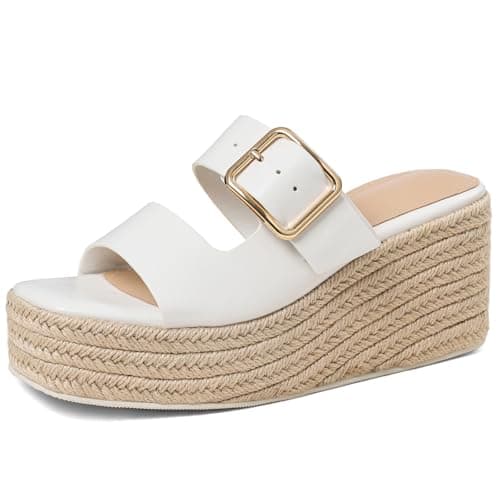Tarkwa Platform Wedges Sandals for Women Summer Slip on Espadrille Flatform Slides Open Toe Adjustable Buckle Bohemia Beach Raffia Beach Sandals White Size 7.5 - Image 1
