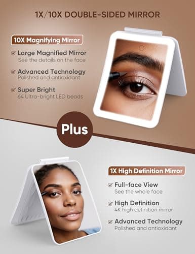 klarh 1X/10X Magnifying Makeup Mirror with 3 Colored Lights and Touch Control, 2700mAh Rechargeable LED Vanity Mirror for Home, Bathroom and Travel (Pearl White, with LED Lights) - Thumbnail 2