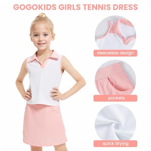 Gogokids Girls Tennis Dress with Shorts Golf Polo Tank Top and Skorts Sets with Pockets Athletic Workout Outfit Sets, Pink(130/8-9 Years) - Thumbnail 3