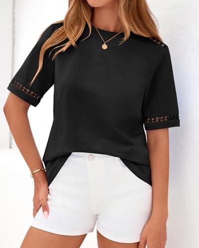 BTFBM Summer Tops for Women Lace Short Sleeve Shirt 2026 Spring Casual Loose Crew Neck Cotton Knit Cute Business Blouses(Black, Small) - Thumbnail 6
