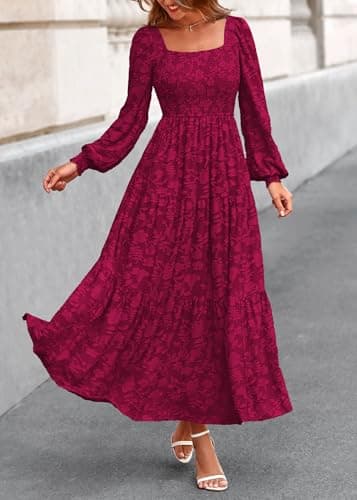 KIRUNDO Wedding Guest Dresses for Women 2026 Fall Long Sleeve Smocked Floral Flowy Spring Baby Shower Maxi Dress Pockets (Burgundy, Medium) - Thumbnail 3