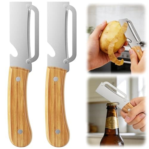 Multi-Functional Vegetable Peeler with Wooden Handle and Bottle Opener,Ultra-Sharp Stainless Steel Blade Kitchen Tool for Fruit Apple Potato Pumpkin Papaya - Image 1