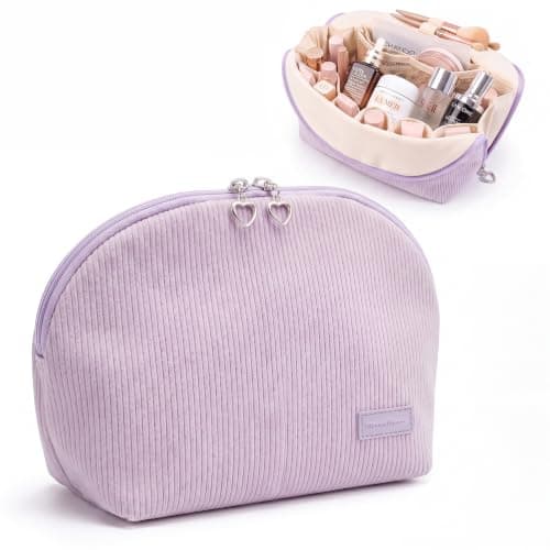 EPEDAL24 Parallel Traveler Makeup Bag, Shell Shape Magnetic Hold-Open Cosmetic Bag, Fold-Down Design, Large Capacity Waterproof Organizer with Compartments for Travel Essentials, Purple
