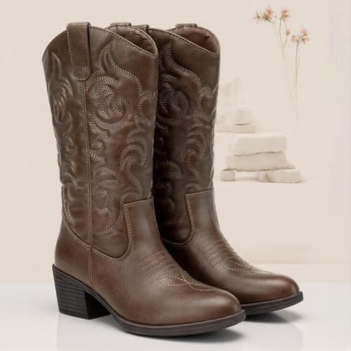 Vepose Women's Cowboy Boots Western Cowgirl Round Toe Mid Calf Boots,Whisky,Size 9M US(CJY9801 Whisky 09) - Thumbnail 3