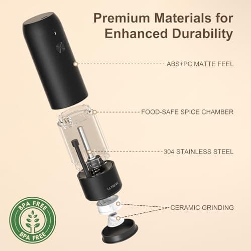 Ultrean Pepper Grinder, Rechargeable Salt and Pepper Grinder with 6 Adjustable Coarseness, LED Light, Automatic Grinder for Kitchen, Home and Kitchen Appliances Birthday Gifts for Women, Black - Thumbnail 5