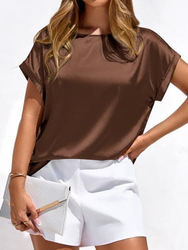 BTFBM Summer Tops for Women 2026 Dressy Satin Blouses Loose Crew Neck Short Sleeve Shirts Work Business Casual Outfits(Chocolate Brown, X-Large) - Thumbnail 5