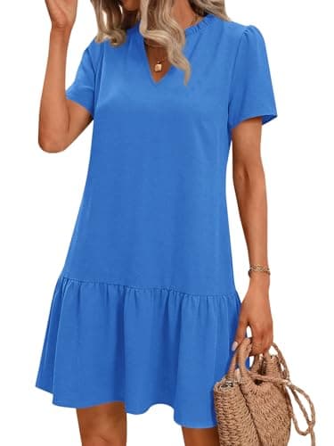 Wenrine Womens Casual Mini Dress Short Sleeve V Neck Drop Waist Ruffle Loose Summer Dresses with Pockets Blue - Image 1