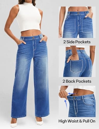 AVAMO Wide Leg Jeans Woman Stretchy Pull on Sweatpant Jeans for Women Elastic High Waisted Straight Leg Baggy Denim Pants Medium Wash - Thumbnail 4