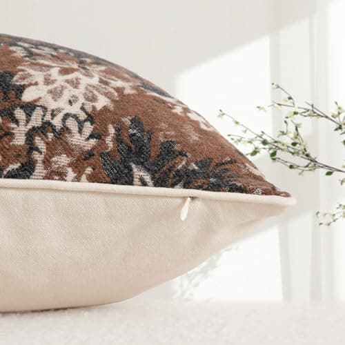 Haguko Pack of 2 Vintage Floral Throw Pillow Covers 20x20 Tapestry Chenille Soft Decorative Farmhouse Square Accent Pillow Cases for Couch Bedroom Living Room Home Decor, Coffee Brown - Thumbnail 2