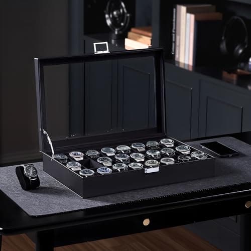 ProCase Watch Box for Men, 24 Slot Display Case with Real Glass Lid and Removable Pillows. Premium Storage Holder Organizer, Gift for Dad & Father's Day & Watch Collectors -AllBlack - Thumbnail 3