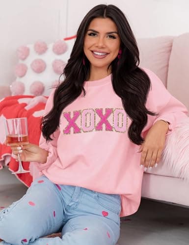 LETSEE Valentine Sweatshirt for Women Glitter Patch Lover Letter Pullover Tops Chenille Patch Oversized Clothes(Pink, Small) - Thumbnail 4