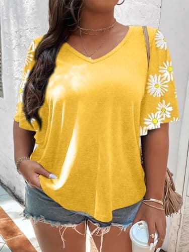 HDLTE Women Plus Size Tops Bell Sleeves Floral Print Shirt Casual Plus Size Blouse (Yellow, 2X) - Thumbnail 4