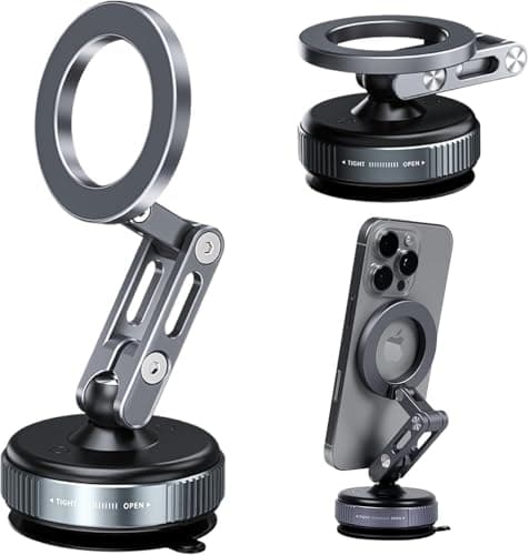 Obmnor Vacuum Magnetic Car Phone Mount for MagSafe, 360° Adjustable Ball Joint, Strong Suction Cup Windshield Phone Holder with Aluminum Alloy Telescopic Arm