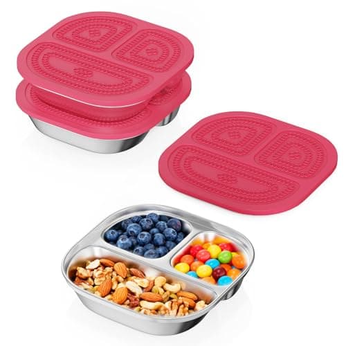 3 Pack Snack Containers,Lunch Box Containers,Food Grade Metal Base with a BPA Free Leakproof & Airtight Silicone Lid,Reusable Airtight Bento lunch Boxes, Kitchen Storage, Freezer (3 color) (Red) - Image 1