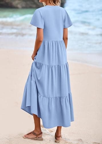 KIRUNDO Summer Maxi Dresses for Women 2026 Spring Fashion Short Sleeve Button V Neck Pleated Loose Tiered Swing Flowy Dress(Light Blue, XX-Large) - Thumbnail 2