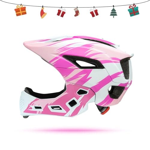 Natuway Toddler and Kids Full Face Helmet, Girl and Boy BMX Multi-Sport Detachable Mountain Dirty Bike Helmet (White and Pink) - Thumbnail 3