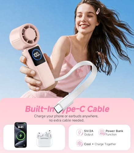 Turbo Portable Handheld Fan, 15000mAh Foldable Rechargeable Personal Fan for 40H, 4-in-1 Neck Fan with Built-in USB-C Cable & Display, 15m/s Hand Fans for Travel Concerts Outdoors Gifts for Women - Thumbnail 3