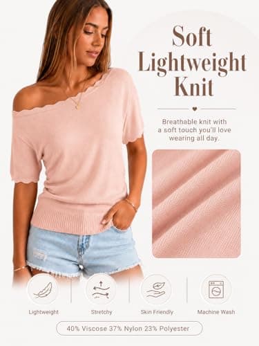 MONORA Off The Shoulder Tops for Women Short Sleeve Sweater Boat Neck One Shoulder Knit Pullover Lightweight Cinched Waist Fitted Going Out Shirts Spring Summer Pink - Thumbnail 4