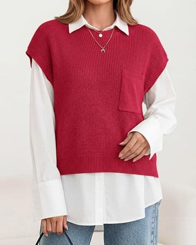 KIRUNDO Summer Fall Short Sleeve Sweater for Women 2026 Casual Sweater Vest Cotton Knit Pullover Tank Tops Fashion Clothing(Red, Medium) - Thumbnail 5